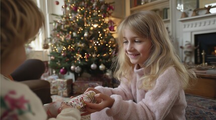 Young caucasian girl smiling while exchanging gifts by christmas tree in cozy living room