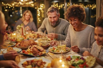 Diverse thanksgiving gathering with friends sharing meal in festive setting