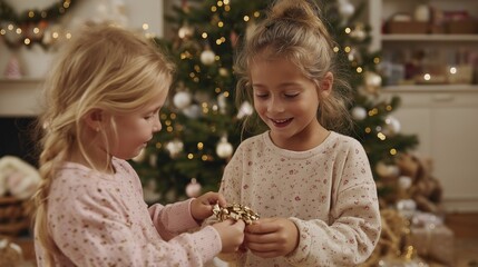 Two caucasian young girls sharing gifts by christmas tree in cozy living room