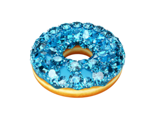 Donut covered in blue diamonds with golden crust and blue frosting luxury dessert.
