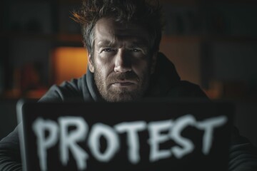 Caucasian adult male in protest themed setting with serious expression