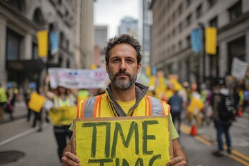Caucasian male adult holding protest sign at busy street demonstration