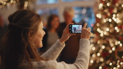 Young caucasian female capturing christmas moment by decorated tree with smartphone