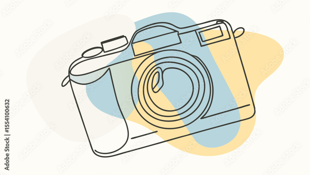 Poster a camera is drawn in a stylized way with a yellow and blue background. the camera is the main focus 