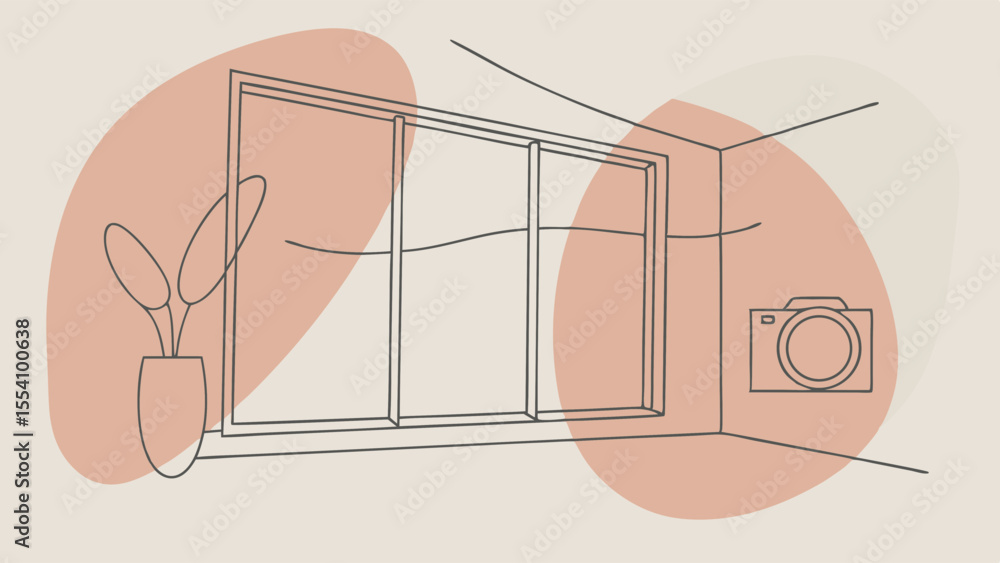 Poster a window with a plant in a vase and a camera in the background. the room is empty and the window is 