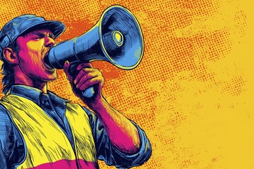 Colorful pop art illustration of male worker shouting through megaphone