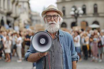 Elderly caucasian male protester with megaphone in urban setting