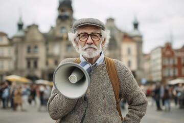 Elderly caucasian male with megaphone in urban setting