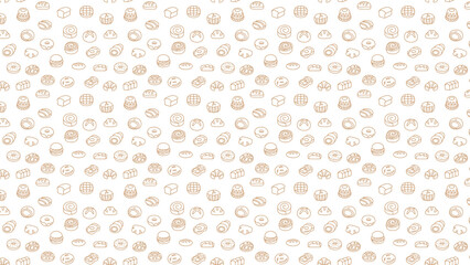A seamless pattern of various baked goods including bread donuts and pastries on a white background