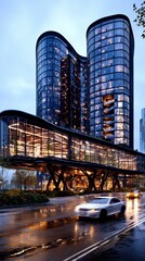 Modern Architectural Marvel Sleek, Curved Skyscrapers at Night