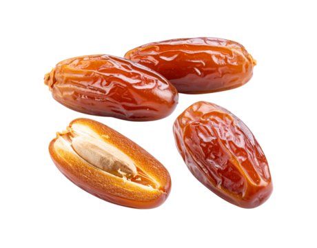 Group of Glossy Brown Dates One Halved with Seed Visible.