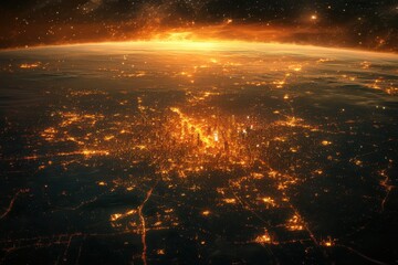 Fototapeta premium Aerial shot of glowing city lights at night, seen from space. Visualize concepts like global connectivity, urban planning, and future tech.