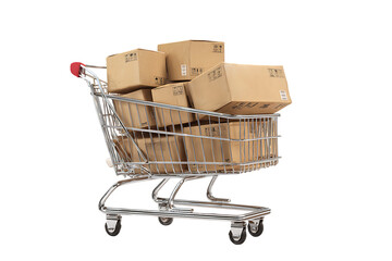 Shopping cart full of cardboard boxes.