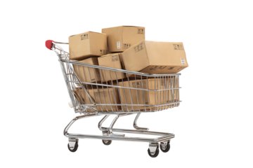 Shopping cart full of cardboard boxes.