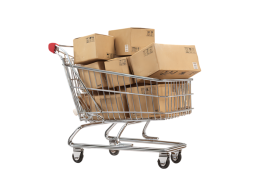 Shopping cart full of cardboard boxes.