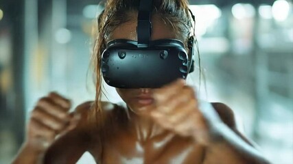 Sweaty woman in VR headset, boxing stance - Powered by Adobe