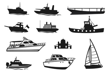 Boat and Ship Silhouette Icons – Diverse Maritime Transport Set