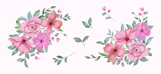 set of pink floral watercolor bouquet