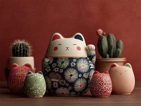 Vibrant Cat Ensemble with Patterned Containers on Wood Surface, Red Wall and Cactus Backdrop, Eclectic Tabletop Collection