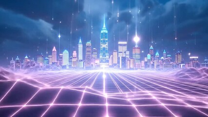 Digital skyline formed by dynamic binary projections, glowing above grid-lit terrain - Powered by Adobe