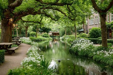 A picturesque river with lush trees and blooming flowers on both sides