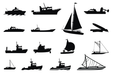 Black Maritime Silhouettes – 16 Ship and Boat Vector Icons