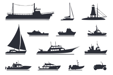 Sixteen Ship and Boat Silhouettes – Black Maritime Icon Set
