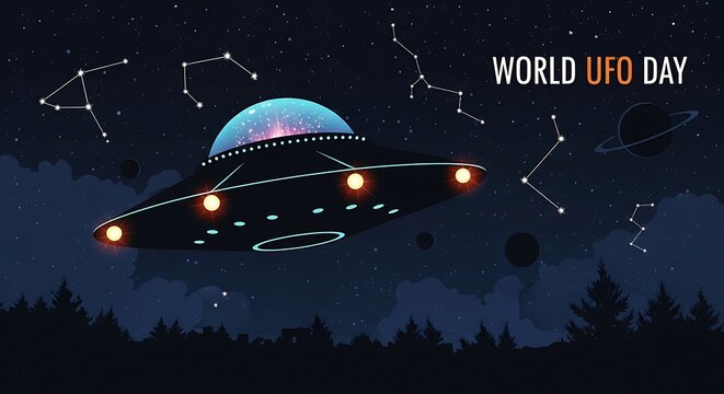 Discover Unidentified Flying Objects on World UFO Day explore alien spacecraft and cosmic mysteries in the night sky - Powered by Adobe