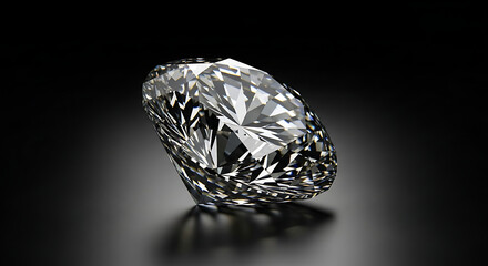Brilliant Round Cut Diamond on Dark Reflective Surface, Luxurious Clear Diamond Gemstone, Exquisite Single Diamond: Precious and Sparkling.