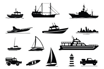 Black Maritime Silhouettes – 16 Ship and Boat Vector Icons