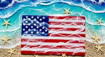 American Flag Art with Ocean Waves and Starfish on Sandy Beach