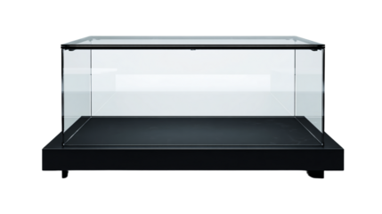a glass display case with a black base