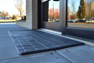 A rubber mat lies outside a business with black framed glass doors. Good image for articles about accessibility, safety, or retail businesses.