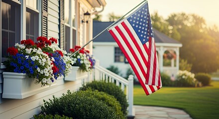 American Flag Displayed on House with Red, White, and Blue Flowers