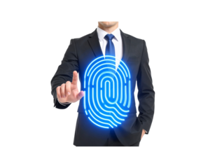 Businessman in Suit Touching Glowing Blue Fingerprint Scan.