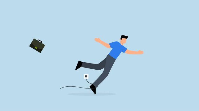 4k animation of clumsy businessman tripping over power cord electrical plug that fell to the floor.