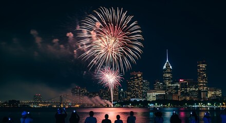 Watching Fireworks Over City Skyline at Night with Water Reflection