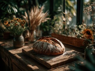 Freshly baked artisan bread cozy kitchen food photography rustic decor warm ambiance culinary art