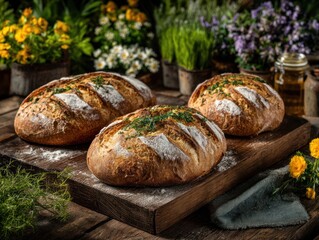 Baking fresh artisan bread rustic bakery food photography natural setting close-up culinary art
