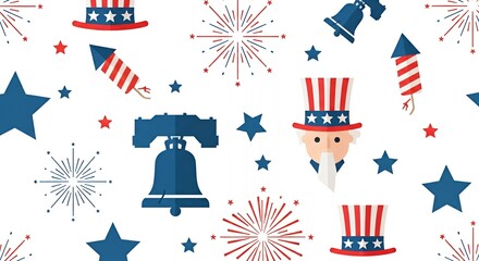 Patriotic Seamless Pattern with American Icons for Fourth of July