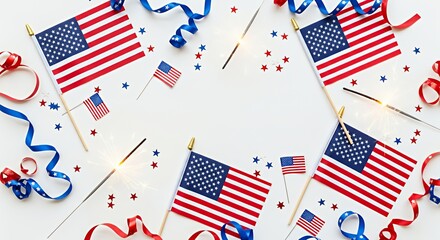 Celebrating July 4th American Flags Sparklers and Confetti Patriotic Decoration