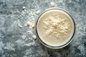 Glass bowl with milk and protein powder on gray textured background. It shows healthy eating, sport nutrition and protein supplement concept.