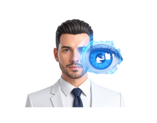 Man with Digital Eye Overlay Futuristic Vision and Technology Integration.