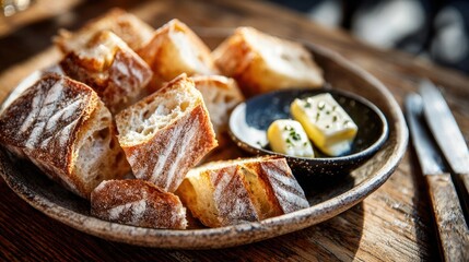 Savor freshly baked artisan bread served with creamy butter in a cozy rustic kitchen setting - close-up culinary delight