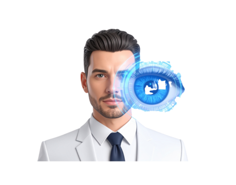 Man with Digital Eye Overlay Futuristic Vision and Technology Integration.