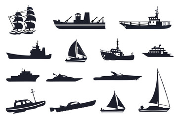 Sixteen Ship and Boat Silhouettes – Black Maritime Icon Set