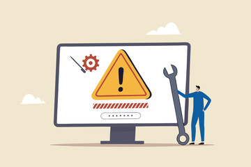 System error, software problem or system failure, security alert or hardware fault to be fixed, caution or maintenance concept, young technician holding wrench fix system failure message on computer.