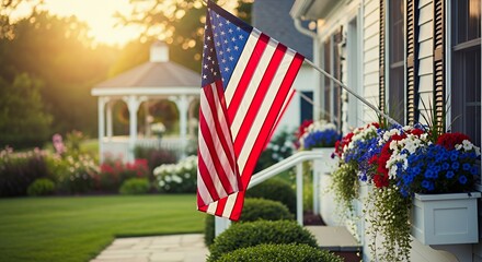 American Flag Displayed on House with Patriotic Flowers and Gazebo