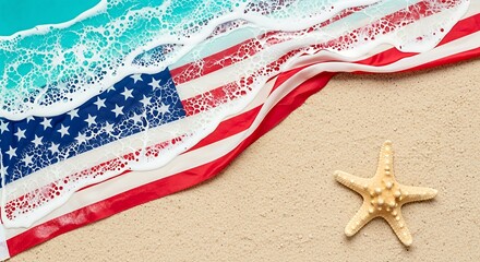 American Flag on Beach with Starfish and Waves Celebrating Independence Day