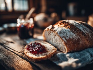 Baking fresh bread with jam rustic kitchen food photography cozy environment close-up view culinary art